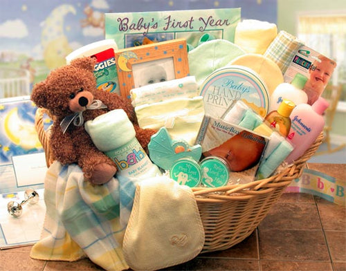 Deluxe Welcome Home Precious Baby Basket-Yellow/Teal